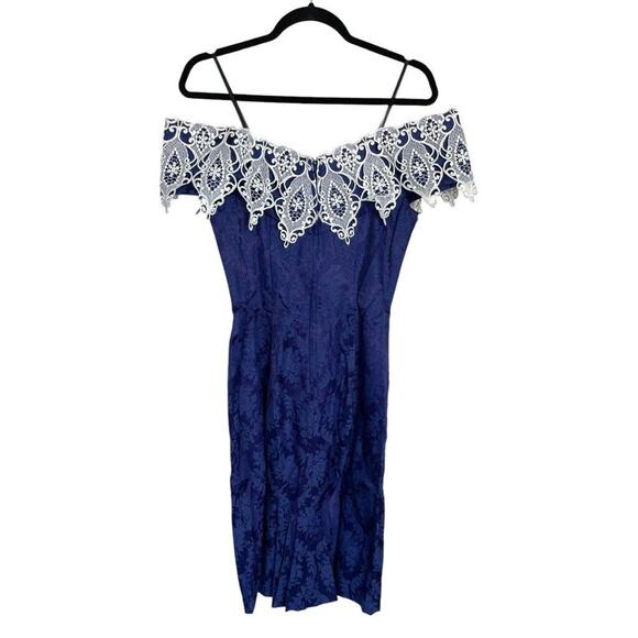 80s Scott McClintock Blue Jacquard Off Shoulder Wide Lace Wiggle Dress Size 8 - Picture 3 of 4